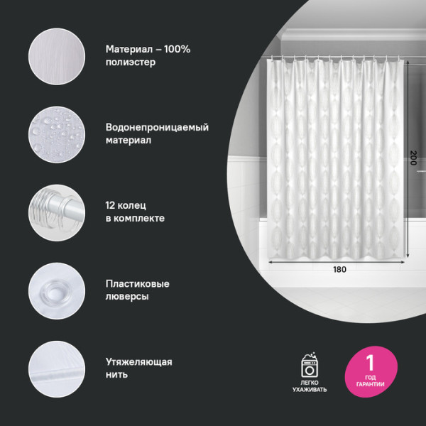 Шторка для ванн текстильная Iddis Base 180x200 белая (BD06P18i11)