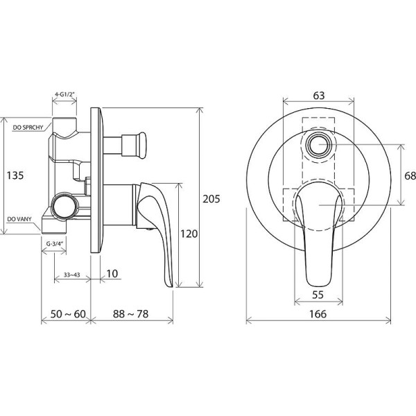 Смеситель для душа Ravak Rosa RS 061.00 внешняя и внутренняя часть хром (X070014)