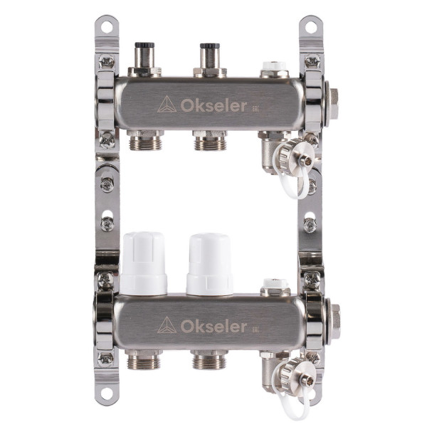 Коллекторная группа 2 отвода 1"*3/4"(18) ЕК с регулировочными клапанами Okseler (нерж.ст) с дренажным краном и краном Маевского (Oks00301)