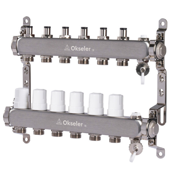 Коллекторная группа 6 отводов 1"*3/4"(18) ЕК с регулировочными клапанами Okseler (нерж.ст) с дренажным краном и краном Маевского (Oks00305)
