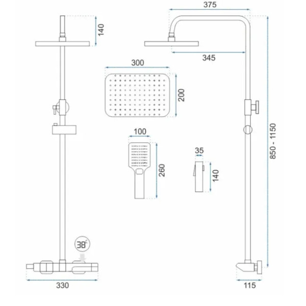 Душевая система термостатическая на четыре режима Rea Rob Black mat (REA-P6627)