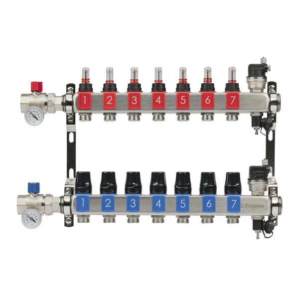 Коллекторная группа 7 отводов 1"*3/4"(18) ЕК с расходомерами Okseler (нерж.ст) с автоматическими воздухоотводчикоми и шаровыми кранами с термометрами