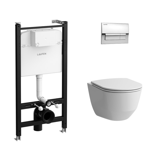 Инсталляция для подвесного унитаза Laufen PRO чаша унитаза Rimless с сиденьем микролифт и клавишей смыва, хром глянец (Z.RU93.0.761.5)