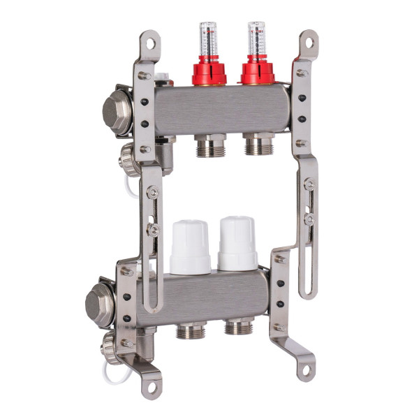 Коллекторная группа 2 отвода 1"*3/4"(18) ЕК с расходомерами Okseler (нерж.ст) с дренажным краном и краном Маевского (Oks00312)