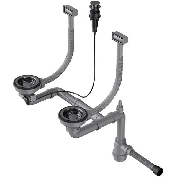 Сифон для двухчашевых моек Omoikiri с прямоугольными переливами, декоративными решетками и клапаном-автомат WK-2-GM-A вороненая сталь (4956496)