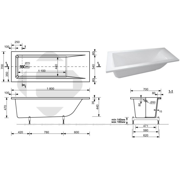 Ванна из искусственного камня Aquanet Bright Stone 180х70 белая (338574)