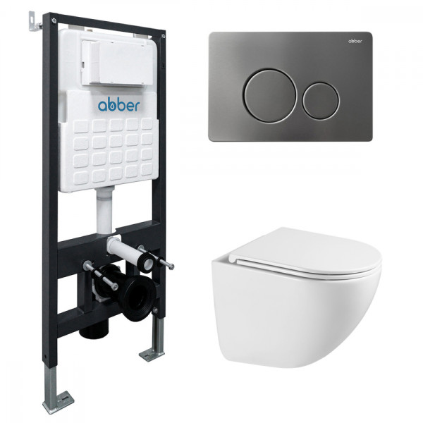 Комплект подвесной унитаз Abber Bequem AC1131TC белый, с закрытым дном с инсталляцией AC0105 и кнопкой AC0121NG никель (AC1131TC-AC0105-AC0121NG)