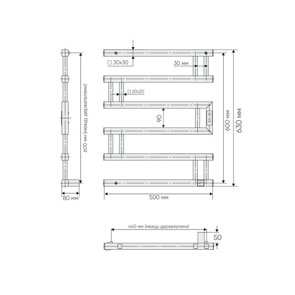 Полотенцесушитель электрический Indigo Muza 600x500 таймер, скрыт.провод справа, Gun Metal (DGM60-50GNSRt)