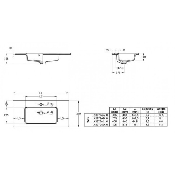 Раковина встраиваемая Roca The Gap 50x38 белая (7.3279.A.D00.0)