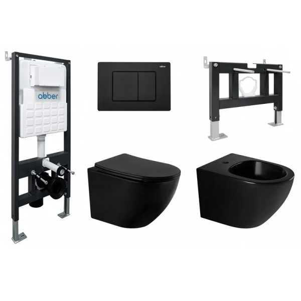 Комплект инсталляция с унитазом и биде Abber с клавишей черная матовый (AC1100MB-AC0105-AC0120MB-AC1150MB-AC0101P)