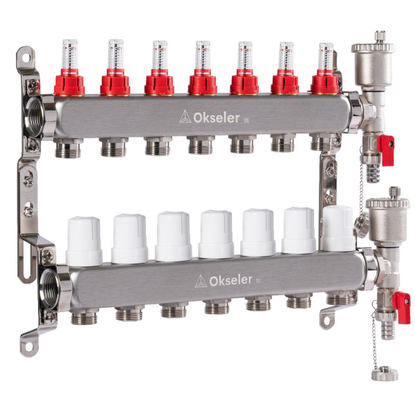 Коллекторная группа 7 отводов 1"*3/4"(18) ЕК с расходомерами Okseler (нерж.ст) с автоматическим воздухоотводчиком и спускным краном (Oks00345)