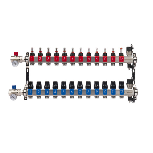 Коллекторная группа 12 отводов 1"*3/4"(18) ЕК с расходомерами Okseler (нерж.ст) с автоматическими воздухоотводчикоми и шаровыми кранами с термометрами Коллекторная группа 12 отводов 1"*3/4"(18) ЕК с расходомерами Okseler (нерж.ст) с автоматическими воздухоотводчикоми и шаровыми кранами с термометрами