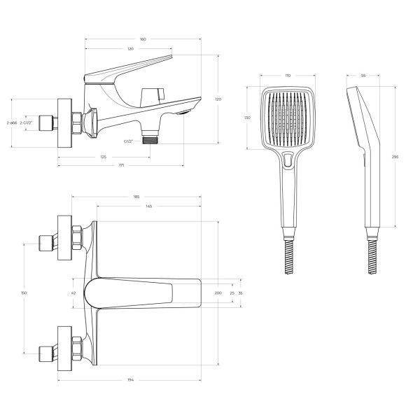Смеситель для ванны и душа Cezares Liner оружейная сталь (LINER-VD-GM)