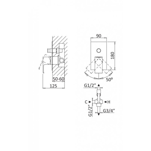 Смеситель для душа Cezares Porta встраиваемый, sunrise (PORTA-VDIM-SR)