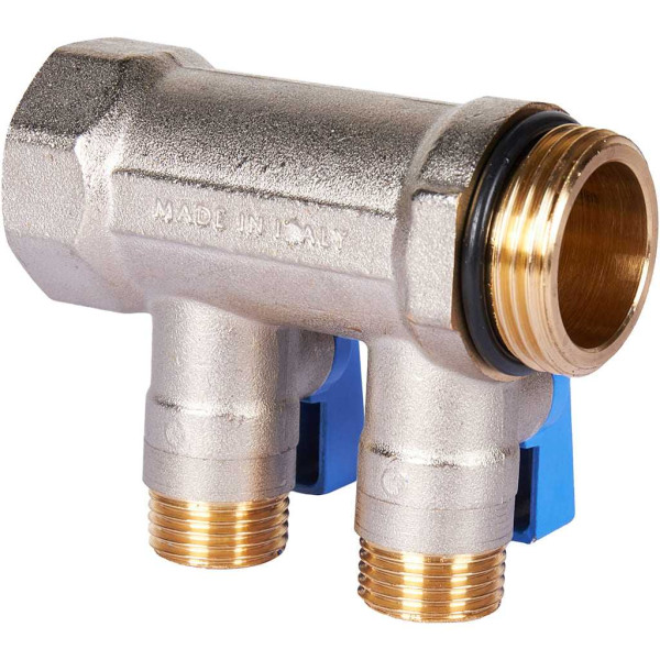 Коллектор 2 отвода с шаровыми клапанами 1"x1/2"(16) Stout (никель, синие ручки) (SMB-6211-011202) Коллектор 2 отвода с шаровыми клапанами 1"x1/2"(16) Stout (никель, синие ручки) (SMB-6211-011202)