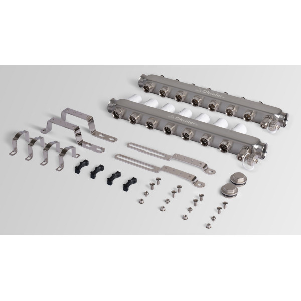 Коллекторная группа 7 отводов 1"*3/4"(18) ЕК с регулировочными клапанами Okseler (нерж.ст) с дренажным краном и краном Маевского (Oks00306)