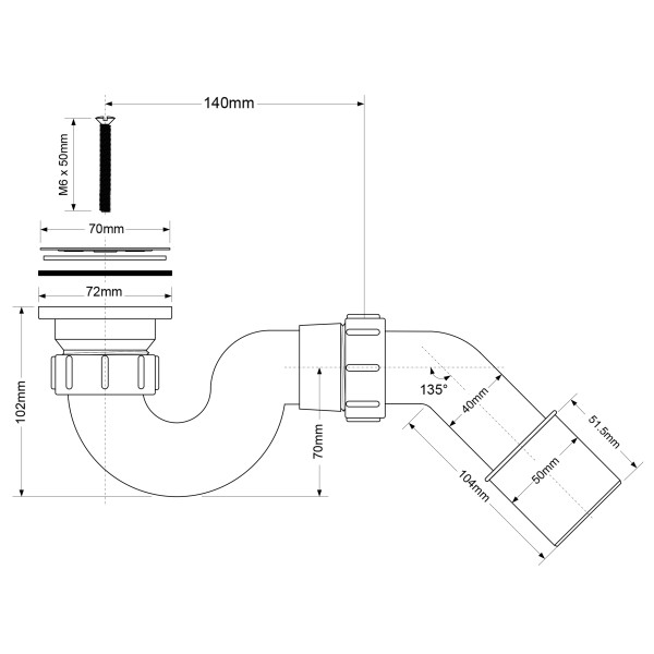 Сифон McAlpine 70*40/50 мм. трубный для душ. поддона (MRS1)