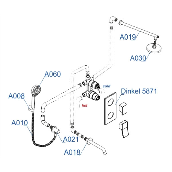 Встраиваемый комплект для ванны WasserKRAFT А175819 с верхней душевой насадкой, лейкой и изливом