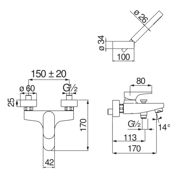 Смеситель для ванны и душа Nobili YoYo хром, с душевым набором (YO126110CR)
