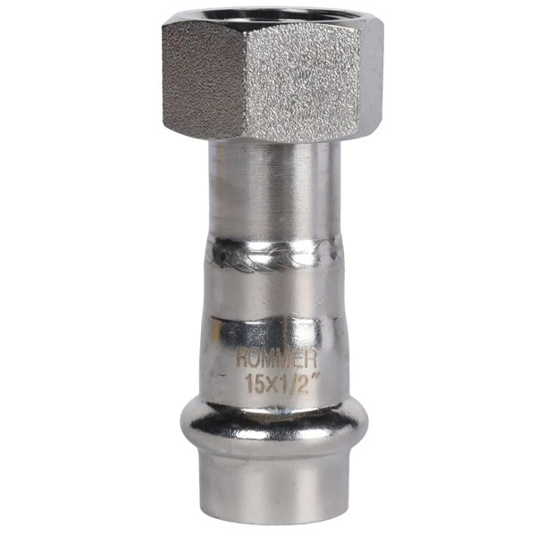 Переход 15х1/2"B с накидной гайкой Rommer из нержавеющей стали (пресс) (RSS-0026-001512)