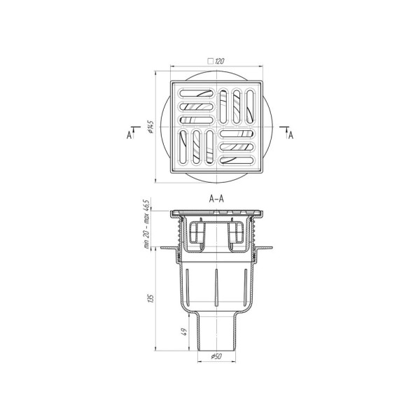 Трап вертикальный 50 мм. (120*120) АНИ регулируемый, с сухим затвором (решетка нерж.ст.) АНИ пласт (TQ5714)