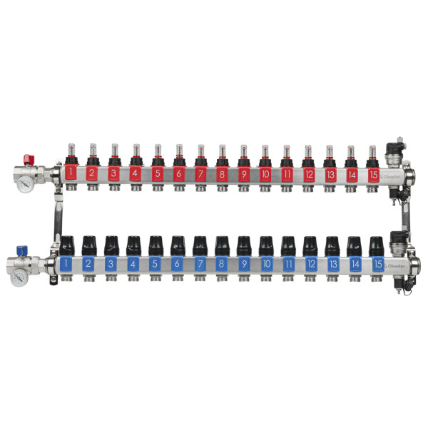 Коллекторная группа 15 отводов 1"*3/4"(18) ЕК с расходомерами Okseler (нерж.ст) с автоматическими воздухоотводчикоми и шаровыми кранами с термометрами