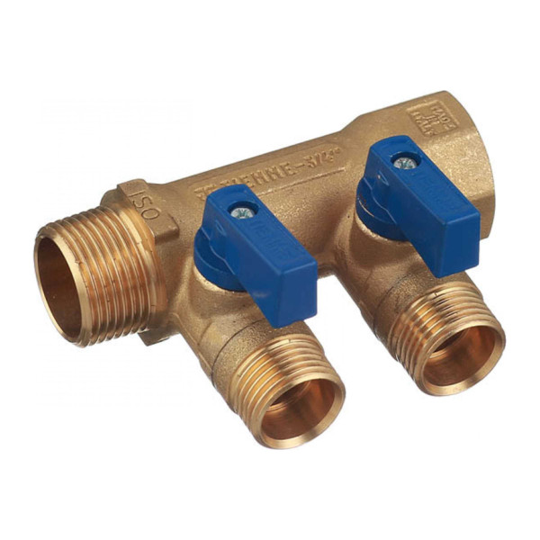 Коллектор с шаровыми клапанами Tiemme 2 отвода 3/4x1/2"(16) (латунь) синие ручки (1820029) Коллектор с шаровыми клапанами Tiemme 2 отвода 3/4x1/2"(16) (латунь) синие ручки (1820029)