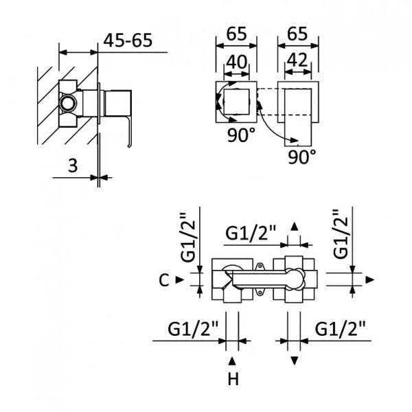 Смеситель для душа Cezares Porta встраиваемый на 3 выхода, sunrise (PORTA-VDIM3-M-SR)