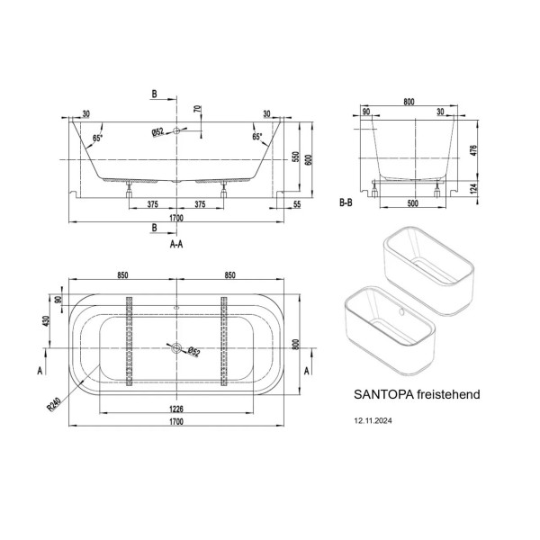 Ванна акриловая VAGNERPLAST Сантопа/Santopa 170x80x60 белая (VPBV178STP7X-96)