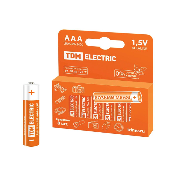 Элемент питания TDM LR03 AAA Alkaline 1,5V PAK-8 (8 шт) (SQ1702-0004) Элемент питания TDM LR03 AAA Alkaline 1,5V PAK-8 (8 шт) (SQ1702-0004)