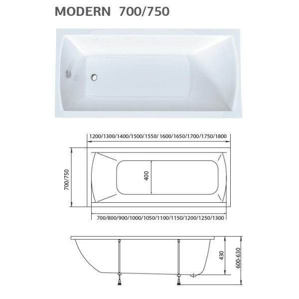 Ванна акриловая 1Marka Modern 180x70 белая (01мод1870)
