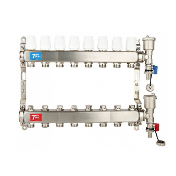 Коллекторная группа 8 отводов 1"*3/4"(18) ЕК с настроечными клапанами Vieir (с тройниками, нерж.ст) (VR115-08A)