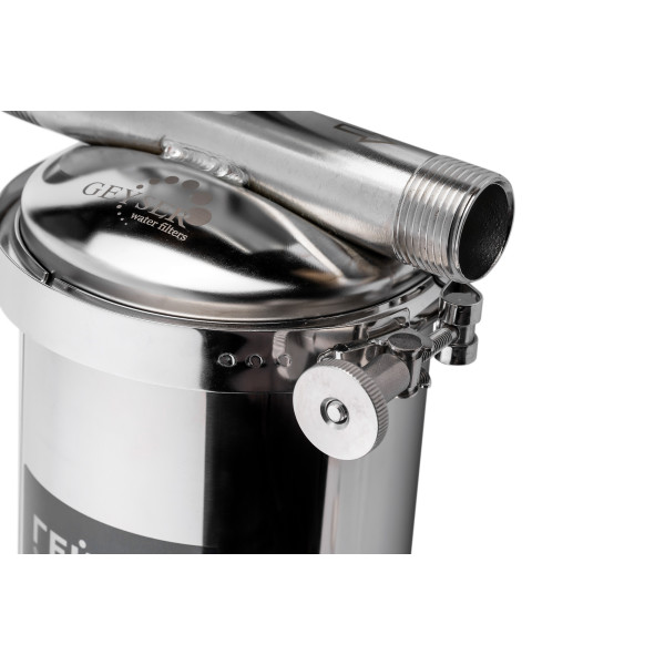 Фильтр колбовый Гейзер Тайфун 1" 10ВВ со сливом (нержавеющая сталь, с универсальным картриджем для холодной и горячей воды) (32066)