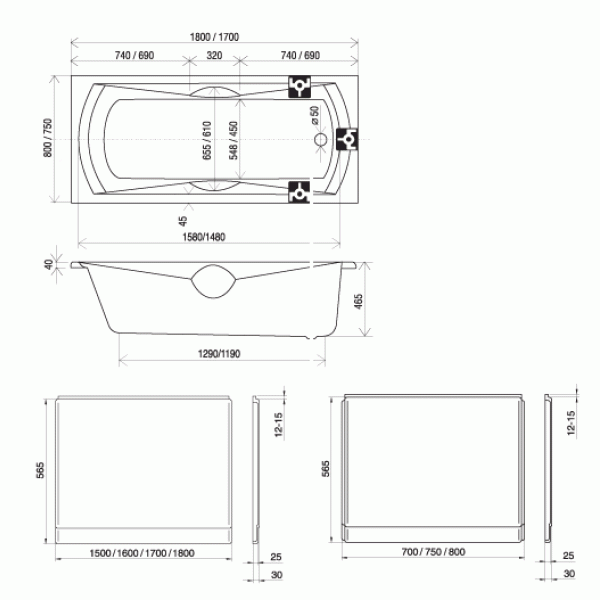 Ванна акриловая Ravak Sonata 1700*750*610 с ручками, с подголовником (C901000000)