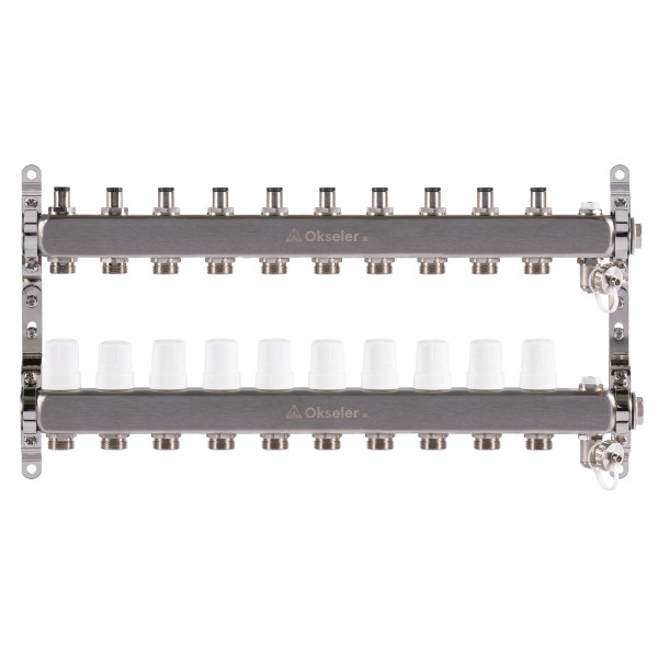 Коллекторная группа 10 отводов 1"*3/4"(18) ЕК с регулировочными клапанами Okseler (нерж.ст) с дренажным краном и краном Маевского (Oks00309)