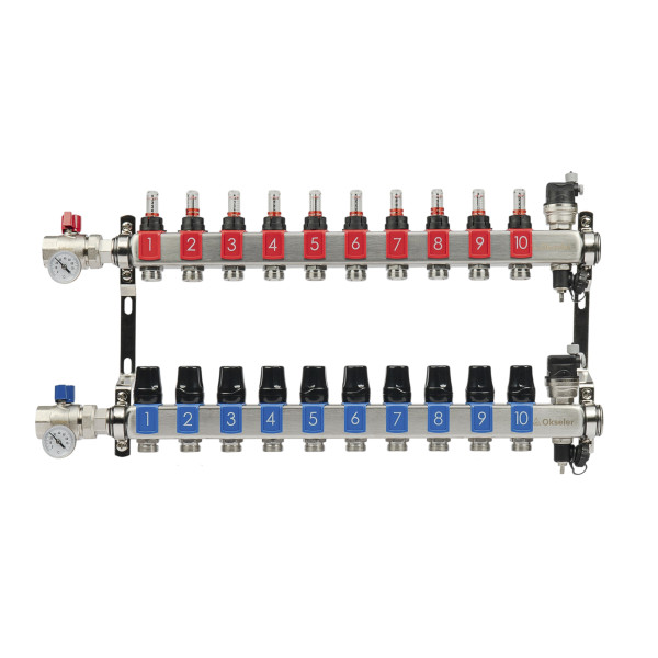 Коллекторная группа 10 отводов 1"*3/4"(18) ЕК с расходомерами Okseler (нерж.ст) с автоматическими воздухоотводчикоми и шаровыми кранами с термометрами