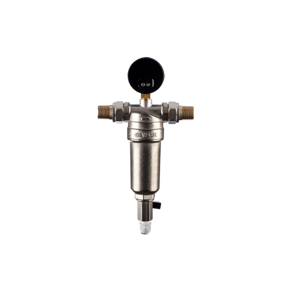 Фильтр с манометром самоочищающийся Гейзер-Бастион 7508165201 1/2" (латунный корпус, со сгонами) (32677) Фильтр с манометром самоочищающийся Гейзер-Бастион 7508165201 1/2" (латунный корпус, со сгонами) (32677)