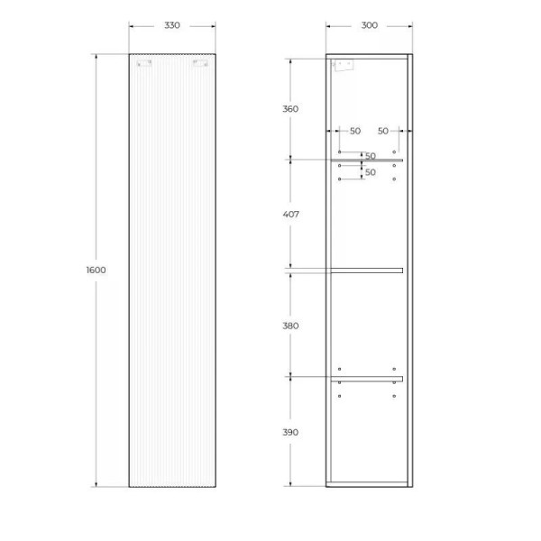 Шкаф подвесной Cezares Uno 330x300x1600 с фрезерованной ручкой с торца фасада с одной распашными дверцей доводчиками с двумя полками голубой матовый (
