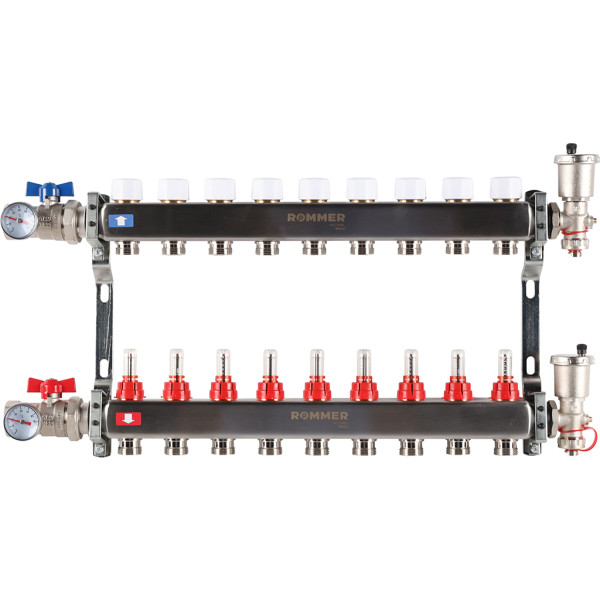 Коллекторная группа Rommer 9 отводов 1"x3/4" в сборе с расходомерами (нерж.сталь) (RMS-1210-000009)