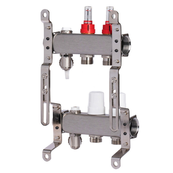Коллекторная группа 2 отвода 1"*3/4"(18) ЕК с расходомерами Okseler (нерж.ст) с дренажным краном и краном Маевского (Oks00312)