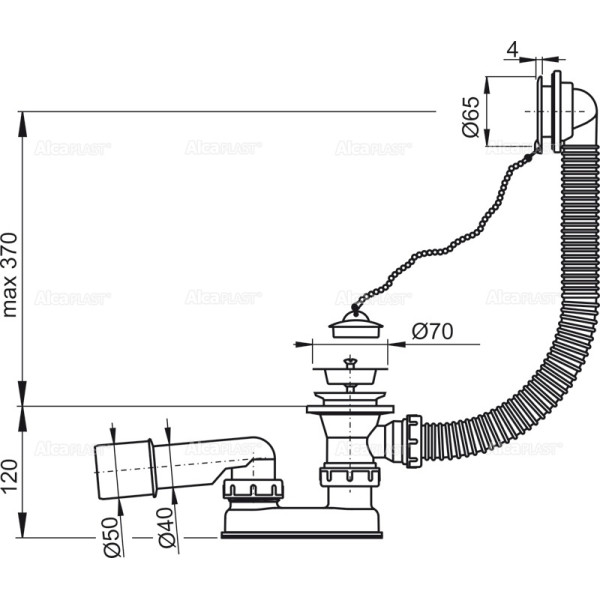Обвязка для ванны AlcaPlast 370 мм пробка, пластик/металл (A501)