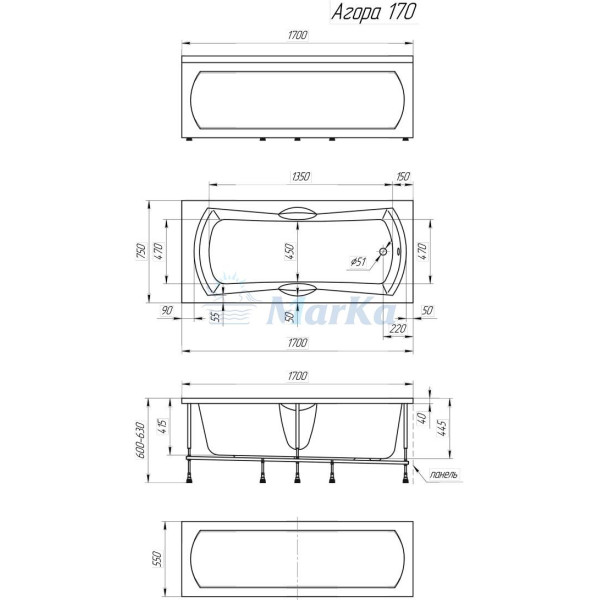 Ванна акриловая 1MarKa Agora 170*75 без гидромассажа