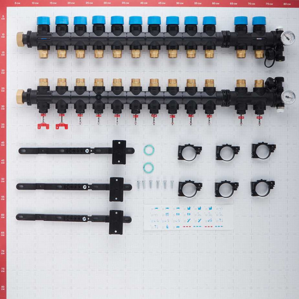 Коллекторная группа 12 отводов 1" с расходомерами и термометрами Henco (композит) (UFH-0605MDK12-03L)