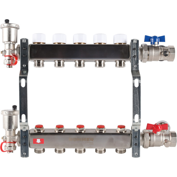 Коллекторная группа Rommer 5 отводов 1"x3/4" в сборе без расходомеров (нерж.сталь) (RMS-3210-000005)