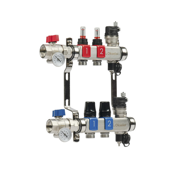 Коллекторная группа 2 отвода 1"*3/4"(18) ЕК с расходомерами Okseler (нерж.ст) с автоматическими воздухоотводчикоми и шаровыми кранами с термометрами (