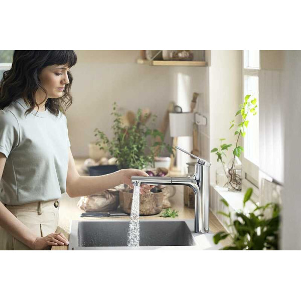 Смеситель для кухни Hansgrohe Zesis M33 черный, с видвижным изливом (74804670)