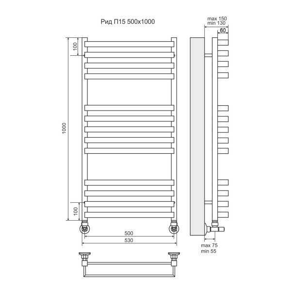 Полотенцесушитель водяной Terminus Рид Lux П13 500x1000 4-5-4 xром