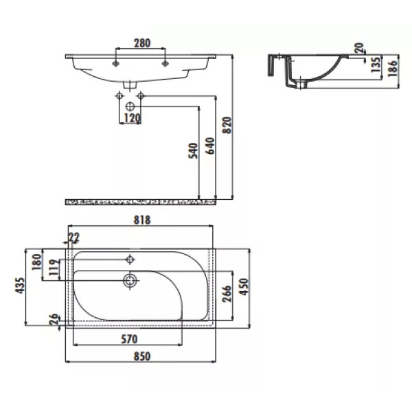 Раковина мебельная Creavit Trump 85x45 L белая (TP185-00CB00E-0000)