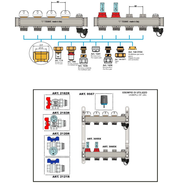 Коллекторная группа Tiemme 9 отводов 1"-3/4" НР ЕК с настроечными клапанами (нерж.ст)