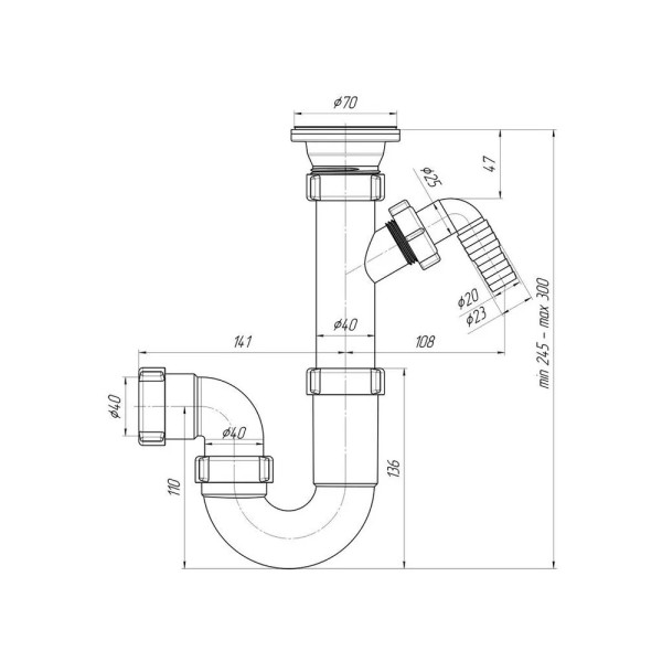 Сифон 40 мм. трубный АНИ с выпуском 1 1/2"*70 мм., с отводом для стир.машины АНИ пласт (D1000)